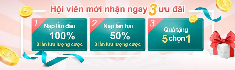 Ưu đãi hội viên mới KU77777 – 100% nạp lần đầu, 50% lần hai, quà tặng 5 chọn 1